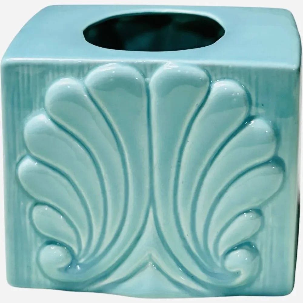 Turquoise Ceramic Mid-century Raised Shell Tissue Box Cover Retro 4.5 X 5 in